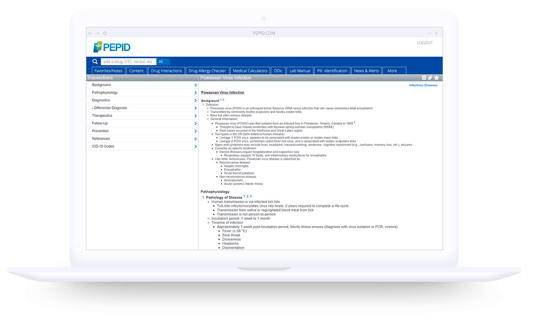 PEPID's interface displayed on a laptop screen, showing detailed medical information on Powassan virus infection, including pathophysiology, diagnostics, and treatment options.
