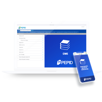 Image displaying the PEPID CME interface on a computer and mobile device. The computer screen shows the PEPID website with a navigation menu and sub-sections like 'Drug Interactions' and 'Medical Calculators.' Highlighted prominently is the 'PEPID CME' section. Adjacent to this, a smartphone displays the PEPID app open to a page labeled 'Continuing Medical Education' with the CME icon. Both screens are designed to illustrate how PEPID offers seamless access to continuing medical education resources both online and via mobile for healthcare professionals.