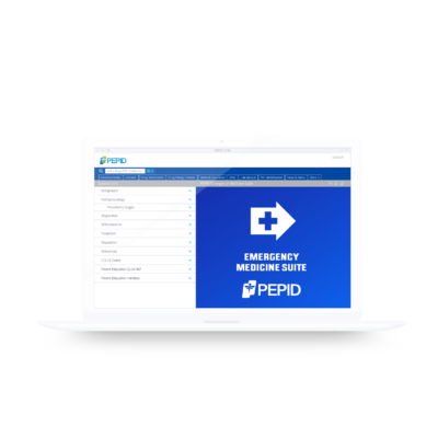 This image shows the PEPID Emergency Medicine Suite interface on a desktop browser, featuring a prominent blue banner with the logo and text "Emergency Medicine Suite." The left side of the screen displays a navigation menu with various medical resources such as diagnostics, treatment options, and patient education, emphasizing the comprehensive features available in the suite for emergency medicine professionals accessing it online.