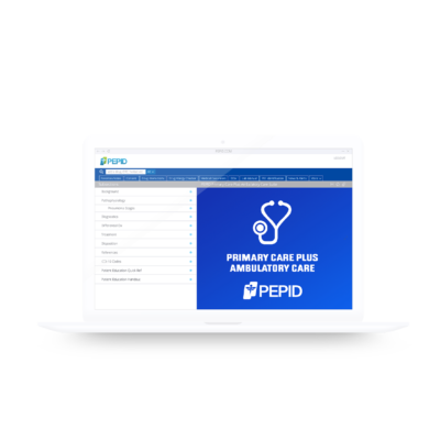 This image shows the interface of PEPID's Primary Care Plus Ambulatory Care Suite on a desktop browser. The screen displays a prominent blue banner with the suite's title and a stethoscope icon symbolizing primary and ambulatory care. The left side of the interface lists various navigation options including diagnostics, treatment, and patient education resources, indicating the comprehensive features available to healthcare professionals.