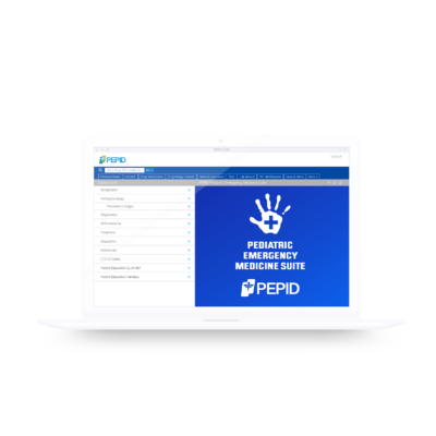 This image shows the PEPID Pediatric Emergency Medicine Suite interface on a desktop browser. The main part of the screen features a blue banner with a graphic of a white handprint and a medical cross, indicating the suite's pediatric focus, labeled 'Pediatric Emergency Medicine Suite.' The left sidebar of the browser window displays a navigation menu with sections such as diagnostics, treatment, and patient education, highlighting the comprehensive resources available within the PEPID platform for healthcare professionals.