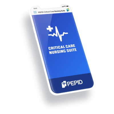 Mobile device display showing the PEPID Critical Care Nursing Suite interface, featuring a vibrant blue background with a white electrocardiogram (ECG) waveform and a medical cross symbol. The text 'Critical Care Nursing Suite' is prominently displayed, highlighting the specialized focus of the application for critical care nurses.