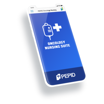This image shows a smartphone displaying the PEPID Oncology Nursing Suite application. The phone's screen features the suite's logo, an IV bag combined with a medical cross, emphasizing its focus on oncology nursing. The interface is presented in a deep blue color scheme, with the text "Oncology Nursing Suite" prominently displayed, symbolizing the suite's dedication to providing specialized care and resources for oncology nurses. The background and phone design emphasize the suite's accessibility and utility in mobile settings for healthcare professionals.