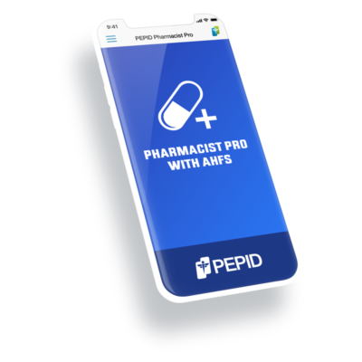 Mobile display showcasing the PEPID Pharmacist Pro with AHFS Suite. The screen features the suite’s logo with a white capsule and a plus sign on a vivid blue background, emphasizing the comprehensive pharmaceutical resources available through the app.