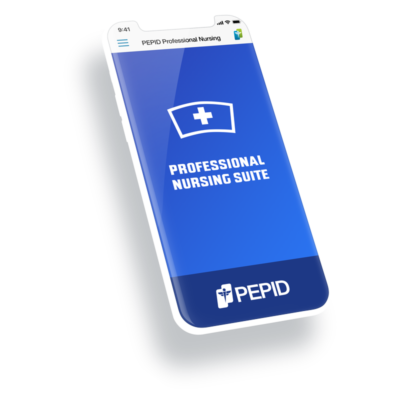 A mobile phone displaying the PEPID Professional Nursing Suite interface. The screen shows a blue background with a prominent white nurse's cap icon and the text 'PROFESSIONAL NURSING SUITE' in large white letters. The PEPID logo is visible at the bottom, indicating that this suite is accessible on mobile devices for professional nurses.