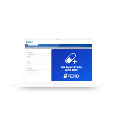 Image of the PEPID Pharmacist Pro with AHFS Suite as displayed on a desktop interface. The screen prominently features the suite's logo—a white capsule plus sign—set against a bold blue background, illustrating the suite's focus on providing comprehensive drug information and tools for pharmacy professionals.