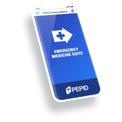 This image shows the PEPID Emergency Medicine Suite interface on a mobile device. The phone's screen displays a prominent blue banner with a medical symbol and an arrow, underlined with the text 'Emergency Medicine Suite' and the PEPID logo at the bottom. The image illustrates the accessible and comprehensive features available in the suite for emergency medicine professionals using it on mobile platforms.