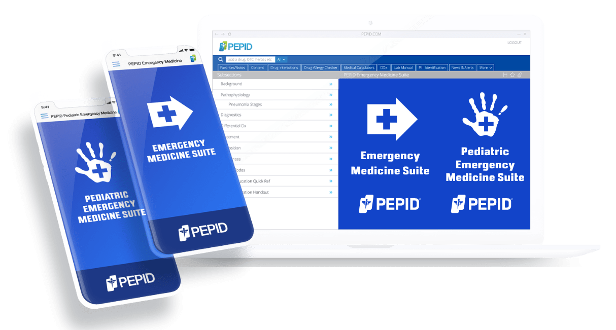 Digital displays of PEPID's Emergency Medicine Suite and Pediatric Emergency Medicine Suite on various devices, including a smartphone, tablet, and laptop screen, showcasing user interfaces for clinical decision support tools.