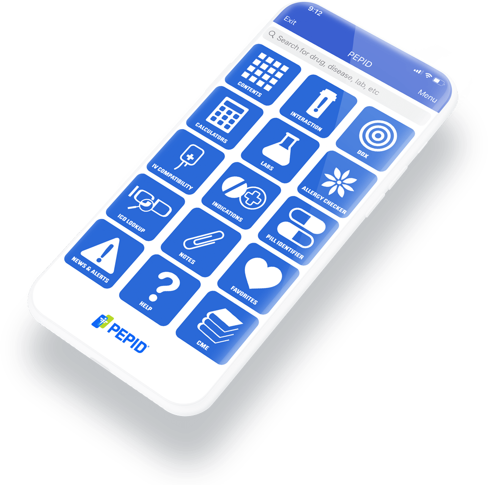 PEPID app home screen on iPhone