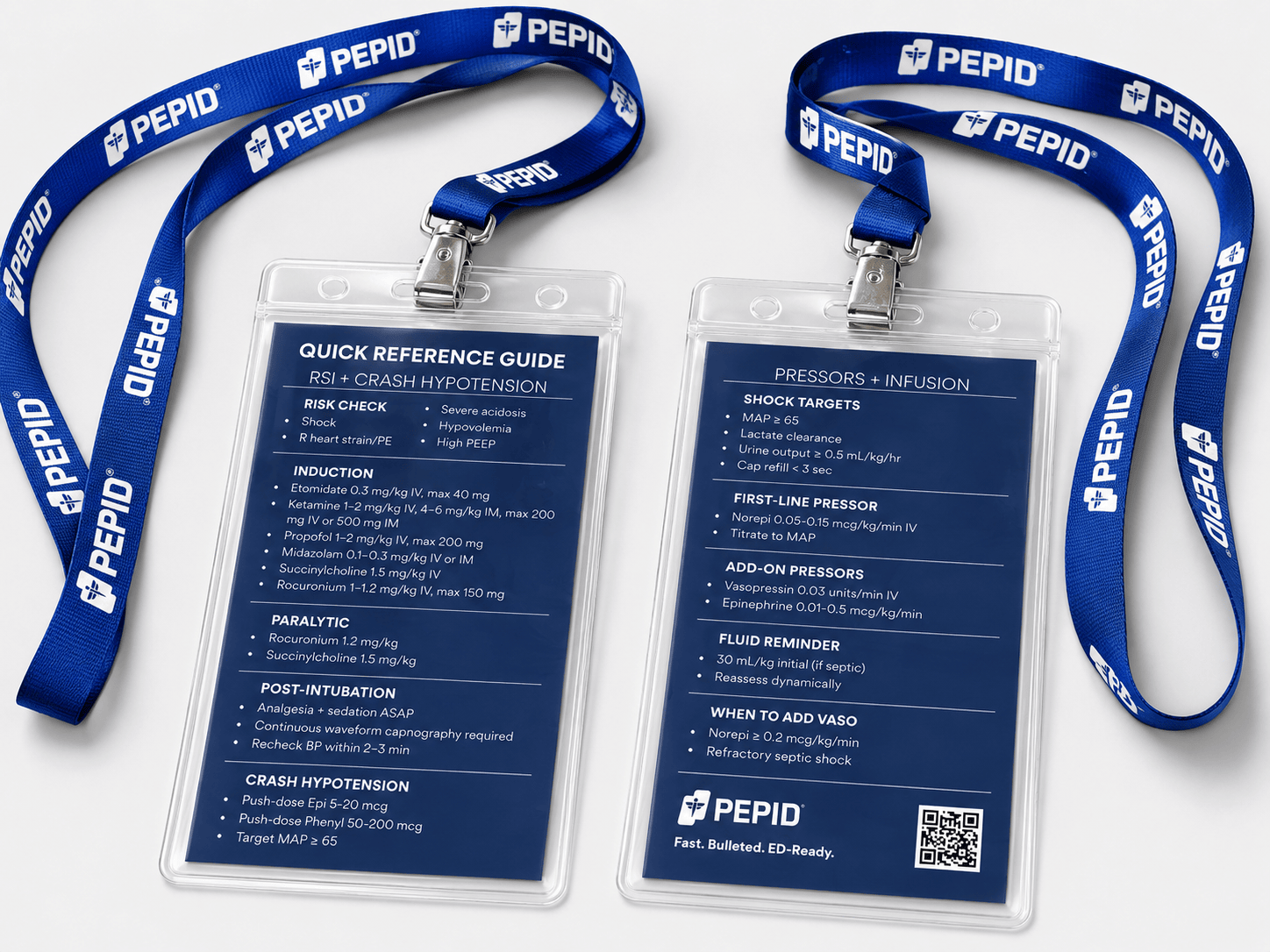Two PEPID badge buddies on branded lanyards: printed quick-reference cards in clear sleeves.