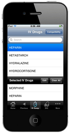 PEPID running on an iOS device, showing the IV drug compatibility screen.