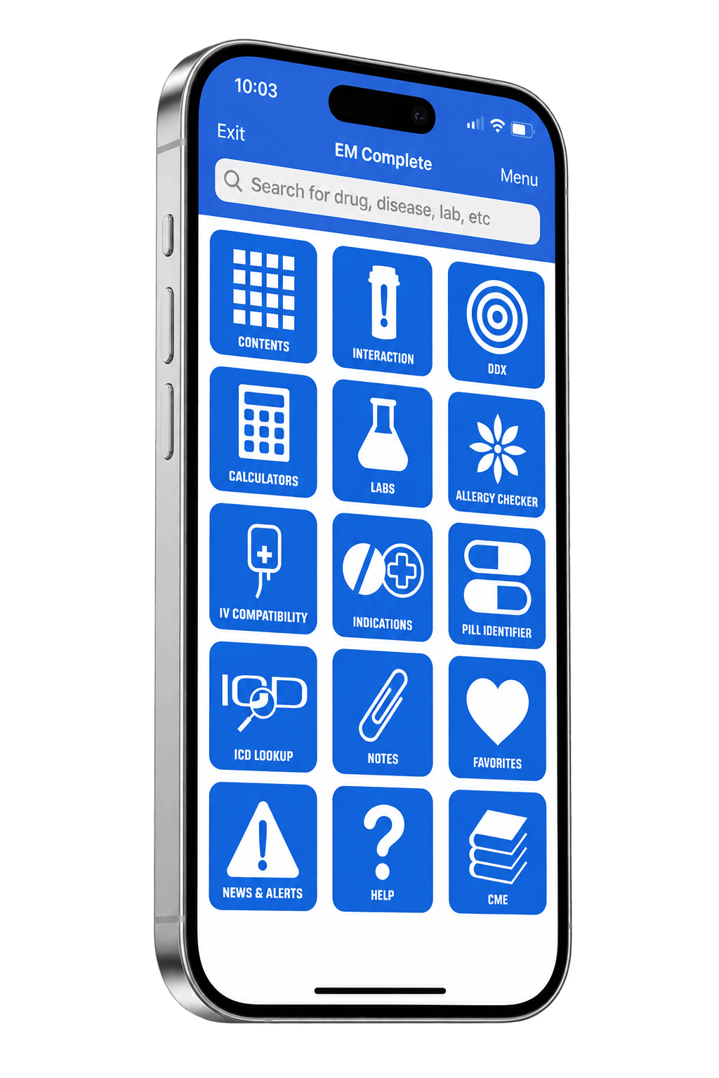 EM Complete running on an iPhone, showing its home grid: contents, interaction, DDx, calculators, labs, allergy checker, IV compatibility, indications, pill identifier, ICD lookup, notes, favorites, news and alerts, help and CME.