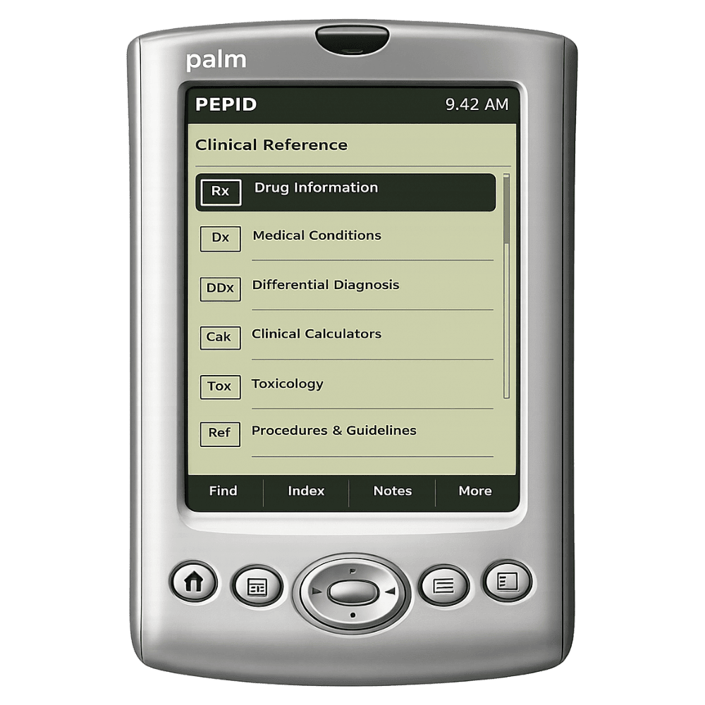 PEPID running on a Palm handheld, showing its clinical reference menu.