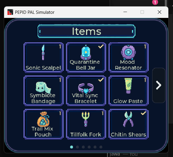 PEPID PAL inventory screen showing collectible tools and supplies.